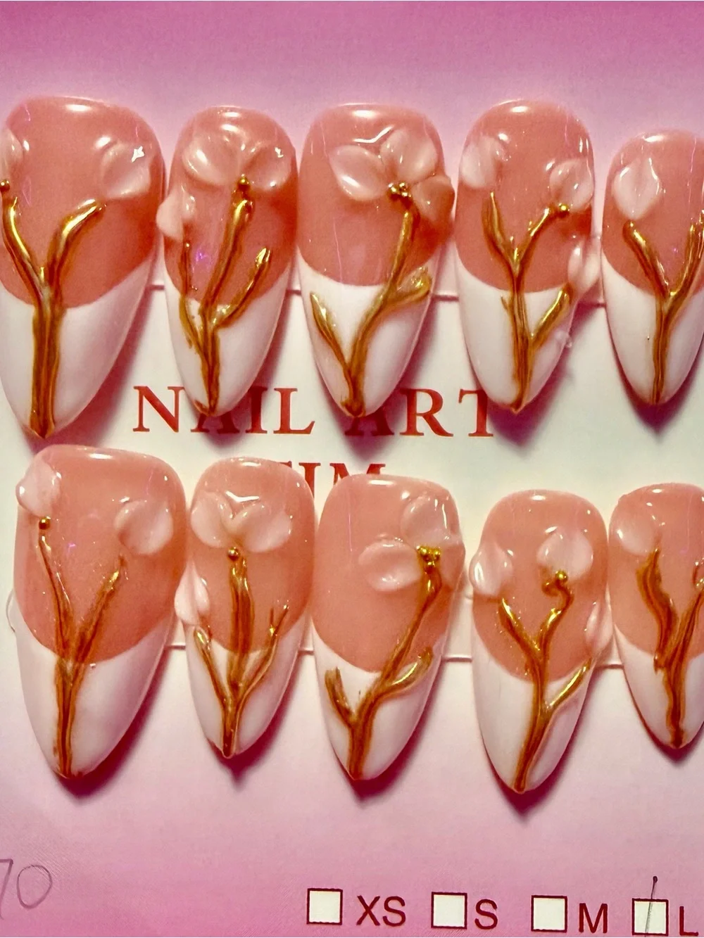 Premium Pink Floral Press-On Nail Set with Gold Accents